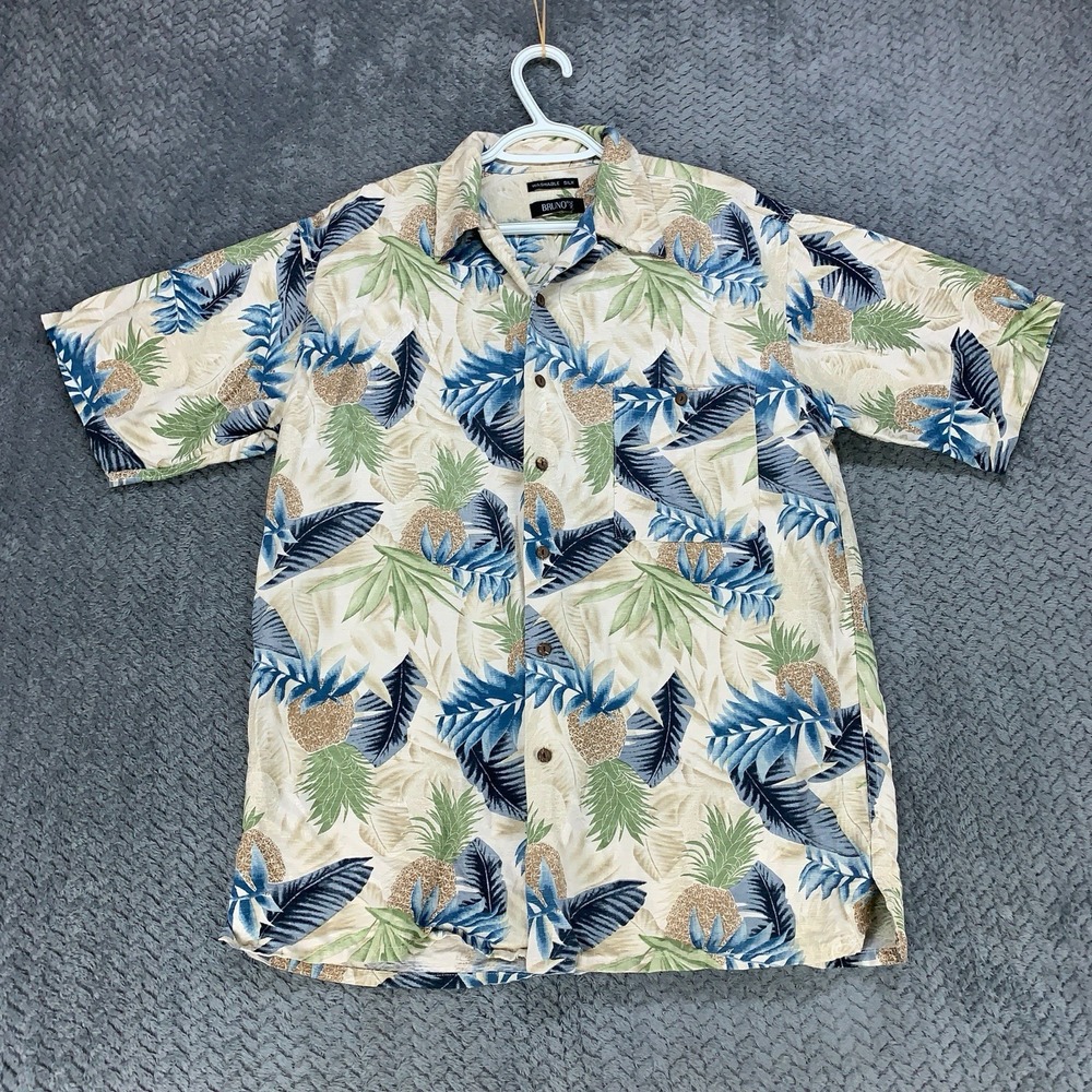 Bruno Washable Silk Hawaiian Camp Shirt Men's Medium Aloha Palm Pineapple Beach